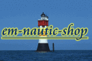 Leuchtturm im Meer mit dem Text „em-nautic-shop“ in Gelb auf blauem Hintergrund.