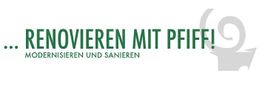 Text: „RENOVIEREN MIT PFIFF! Modernisieren und sanieren“ mit grauem Logo rechts.