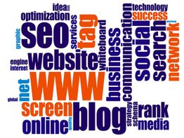Word cloud with terms like SEO, website, blog, social, network, and technology.
