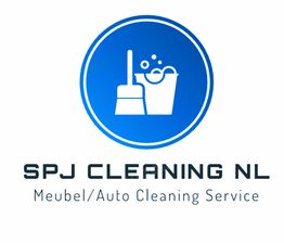 Blauw logo van SPJ Cleaning NL met pictogram van bezem en emmer. Tekst: Meubel/Auto Cleaning Service.