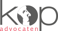 Logo met de tekst "Kop advocaten" en een gezicht in profiel geïntegreerd in de letter "o".