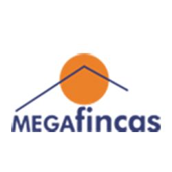 Logotipo de Megafincas con un sol naranja y forma de techo azul.
