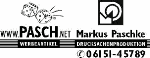 Logo von Pasch.net mit Cartoon-Gesichtern und Kontaktinformationen der Drucksachenproduktion.