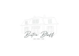 Elegant logo van Bistro Bloff met een schets van een huis, tekst: Lunch | Borrel | Diner.
