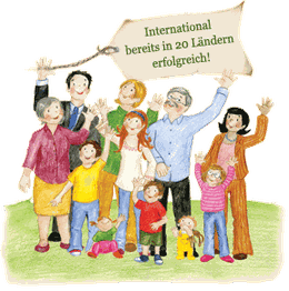 Eine fröhliche Gruppe von Erwachsenen und Kindern winkt, mit einem Schild über internationalen Erfolg.