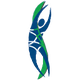 Stylized figure in motion with blue and green curves, evoking dance or athletic movement.