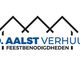 Logo van V.D. Aalst verhuur met tekst: feestbenodigdheden en drie dakvormige lijnen.