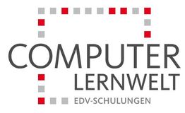 Logo: "Computer Lernwelt" mit quadratischen roten und grauen Elementen. Text: "EDV-Schulungen".