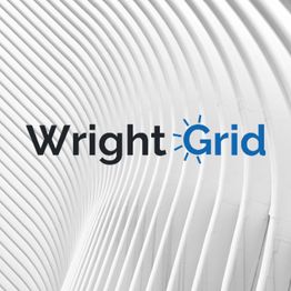WrightGrid logo on a white abstract architectural background featuring curved lines.