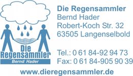Geschäftslogo mit Regentropfen, Kontaktdaten von "Die Regensammler". Webseite angegeben.