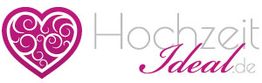 Logo mit Herzsymbol und Schriftzug "Hochzeit Ideal" in Pink und Grau.