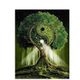 Ein Baum formt ein Yin-Yang-Symbol, umgeben von Strahlen und einem Sternenhimmel.
