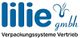 Logo von Lilie GmbH, blauer Schriftzug mit Schmetterling, "Verpackungssysteme Vertrieb" unten.