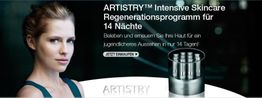 Frau neben ARTISTRY-Produkt, Text verspricht Hauterneuerung in 14 Tagen, Button „Jetzt einkaufen“.