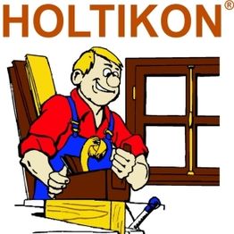Zeichnung eines Handwerkers in rotem Hemd, der an einem Holztisch arbeitet. Text: "HOLTIKON".
