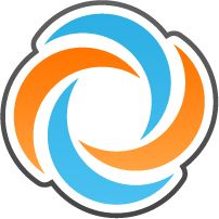 Abstraktes Logo mit drei ineinandergreifenden blauen und orangefarbenen Spiralen.