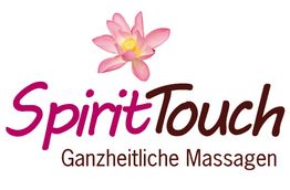 “SpiritTouch”-Logo mit pinker Blume und dem Text: "Ganzheitliche Massagen".