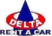 Logotipo da "Delta Rent a Car" com formas geométricas em azul e vermelho.