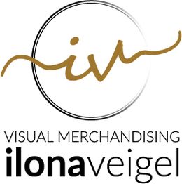 Logo mit den Worten "Visual Merchandising Ilona Veigel" und stilisierten Buchstaben "iv".