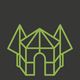 Grünes, geometrisches Logo eines Gebäudes auf dunkelgrauem Hintergrund.