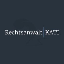 Dunkles Logo mit weißem Text "Rechtsanwalt KATI" und dezentem grafischem Element im Hintergrund.