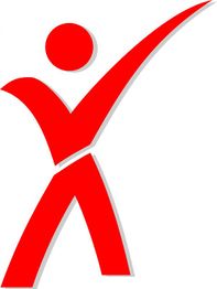 Rotes stilisiertes Männchen, dessen Arm nach oben zeigt, auf weißem Hintergrund.