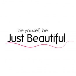 Textgrafik: "Be yourself, be Just Beautiful" in Schwarz und Rosa.