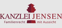 Kanzlei Jensen-Logo, Text: "Familienrecht mit Aussicht", rotes Turmsymbol in der Mitte.