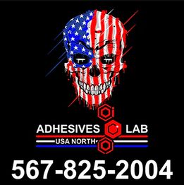 Skull with American flag design, "ADHESIVES LAB USA NORTH," contact: 567-825-2004.