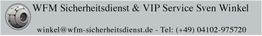 Logo und Kontaktdetails von WFM Sicherheitsdienst & VIP Service Sven Winkel auf grauem Hintergrund.