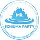 Logo blu con schiuma e scritta "Mr. Schiuma Party" su sfondo bianco.
