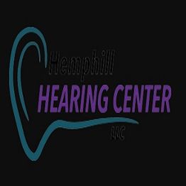 Hemphill Hearing Center logo with a stylized ear design on a dark background.