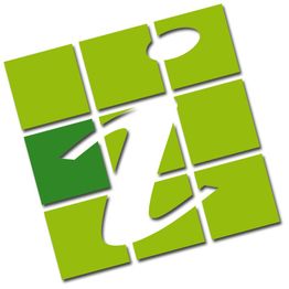 Grünes Puzzle-Logo mit weißem, stilisiertem Wanderer in der Mitte, ein Teil in dunklerem Grün.