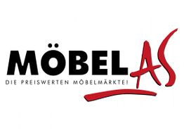 Logo mit Schriftzug "Möbel AS" und dem Slogan "Die Preiswerten Möbelmärkte!" in Schwarz und Rot.