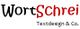 Ein Logo mit dem Schriftzug: "WortSchrei Textdesign & Co." in schwarz und rot.