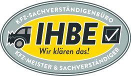 Logo: KFZ-Sachverständigenbüro IHBE, Slogan: "Wir klären das!", mit Auto- und Häkchen-Symbolen.