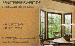 Werbung für Fensterpreiswert.de mit Kontaktinfos und Bild eines Esszimmers mit großen Fenstern.