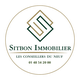 Logo de Sitbon Immobilier avec un motif géométrique et coordonnées téléphoniques.
