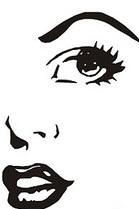 Schwarz-weiße Skizze eines stilisierten Gesichts mit Fokus auf Augen und Lippen.