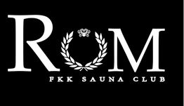 Weiße Schrift auf schwarzem Hintergrund: "ROM FKK SAUNA CLUB" mit Lorbeerkranz im "O".