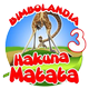 Testo "Bimbolandia Hakuna Matata 3" con giraffa e zebre in un paesaggio verde e blu.