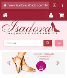 Site da Isadora Calçados com promoções e busca de produtos.