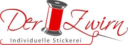 Eine rote Garnrolle und Schriftzug "Der Zwirn - Individuelle Stickerei" in elegantem Stil.