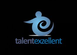 Logo mit blauer Figur und Schriftzug "talentexzellent" auf schwarzem Hintergrund.