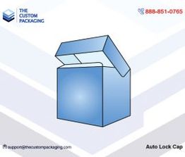 Blue auto-lock packaging box graphic with contact info on the top and bottom.