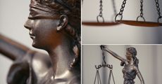 Nahaufnahme der Justitia-Statue mit Waage und verbundenen Augen in verschiedenen Winkeln.