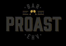 Logo van Bar Proast EHV met glazen en tekst "Est. 2023" in goudkleur op zwarte achtergrond.