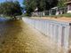 Metal seawall by a sandy shore with clear water, trees, and a fenced area in the background.
