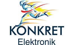 Logo von "Konkret Elektronik" mit stilisiertem, farbigem Läufer darüber.