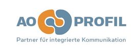 Logo mit Text "AO Profil" und Slogan "Partner für integrierte Kommunikation" in Grau und Orange.